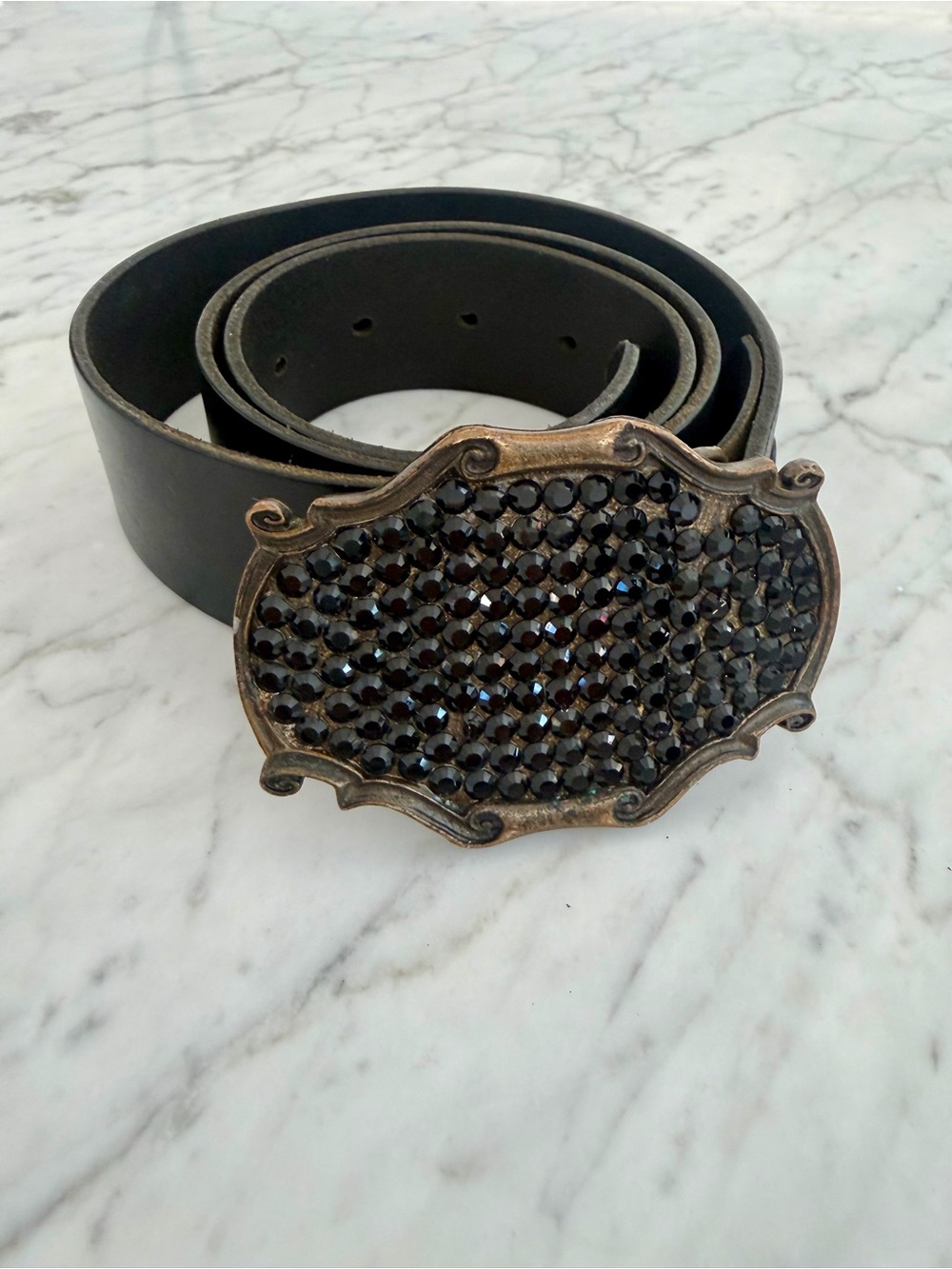 Black Leather Belt with Decorative Black Crystal Buckle